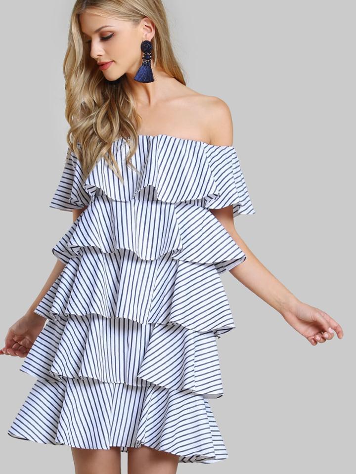Shein Off Shoulder Layered Pinstripe Dress