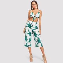 Shein Knot Front Tropical Print Cami Top & Pants Set