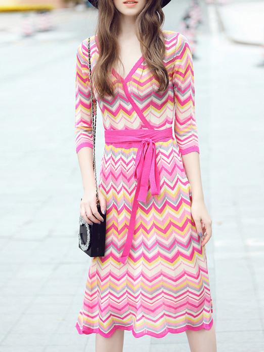 Shein Multicolor V Neck Tie-waist Chevron Dress