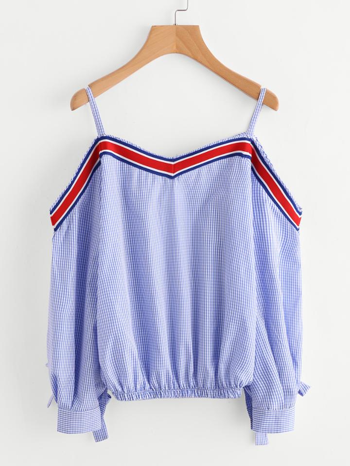 Shein Striped Tape Trim Tie Detail Gingham Top