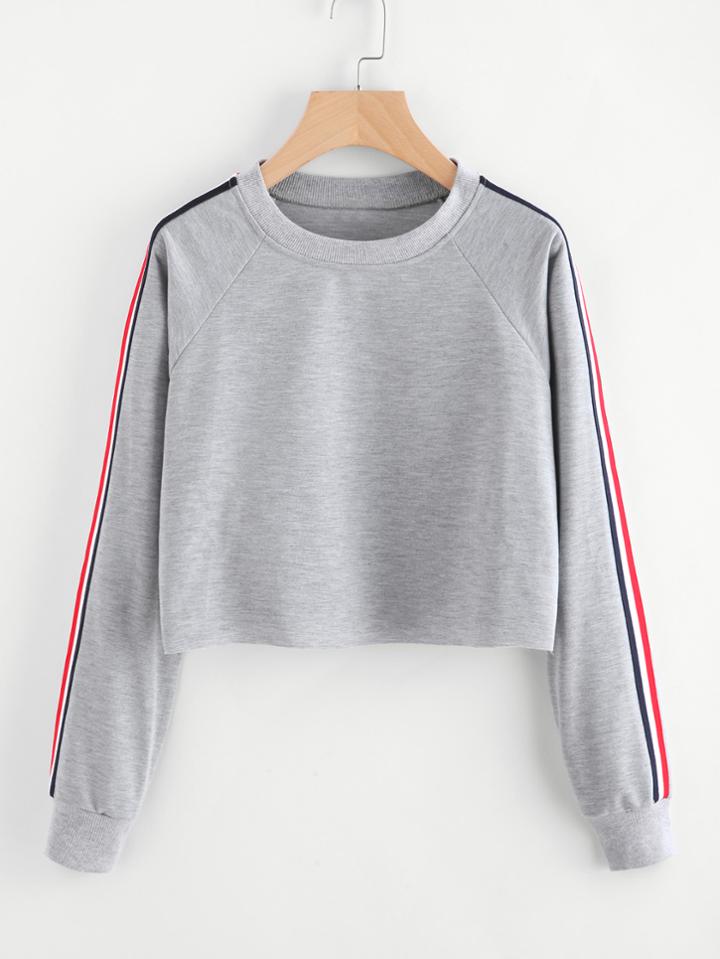 Shein Stripe Tape Detail Raw Hem Crop Marled Pullover