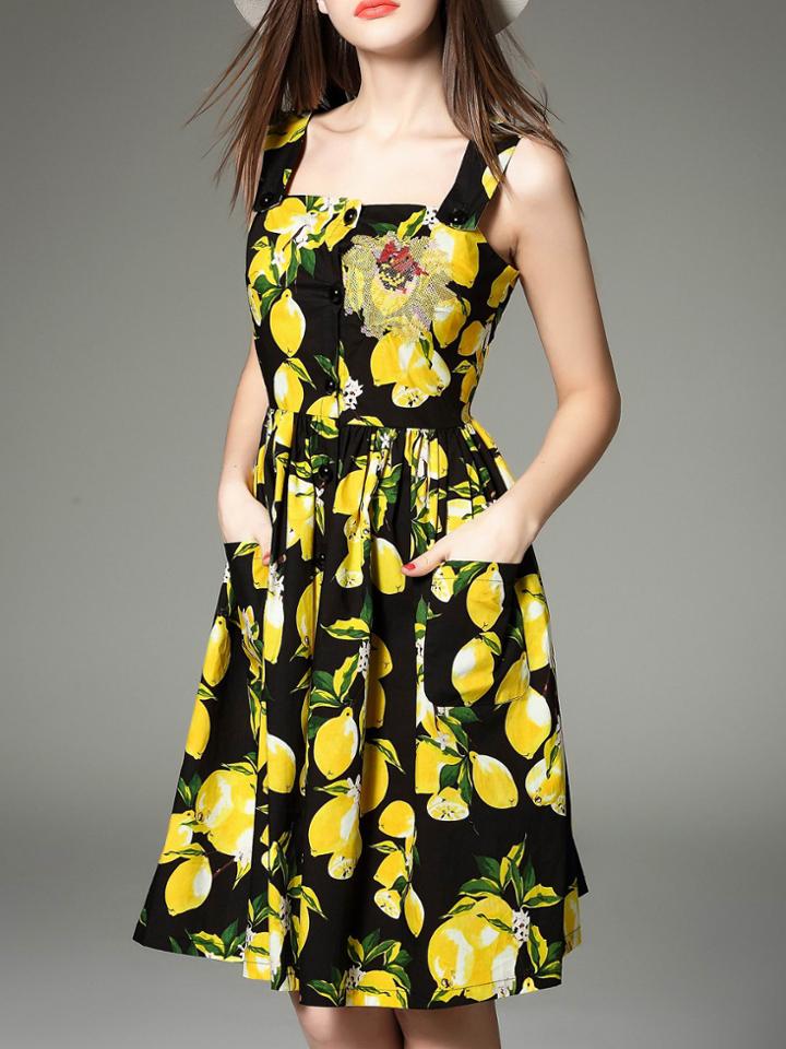 Shein Black Strap Backless Pockets Lemon Dress