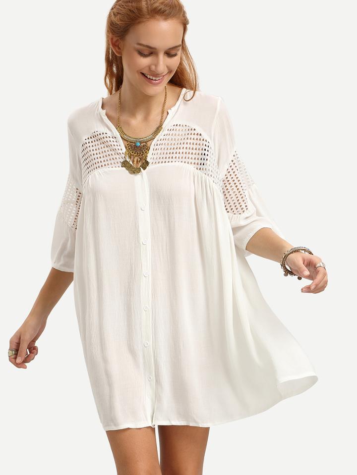 Shein White Hollow Out Bell Sleeve Beach Dress