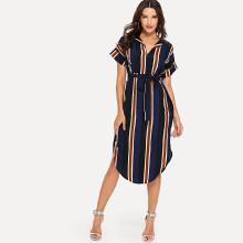 Shein Block-stripe Curved Hem Shirt Dress