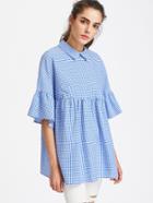 Shein Pointed Collar Buttoned Keyhole Trumpet Sleeve Gingham Smock Top