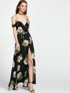 Shein Botanical Print Ruffle Drape Cold Shoulder Wrap Dress