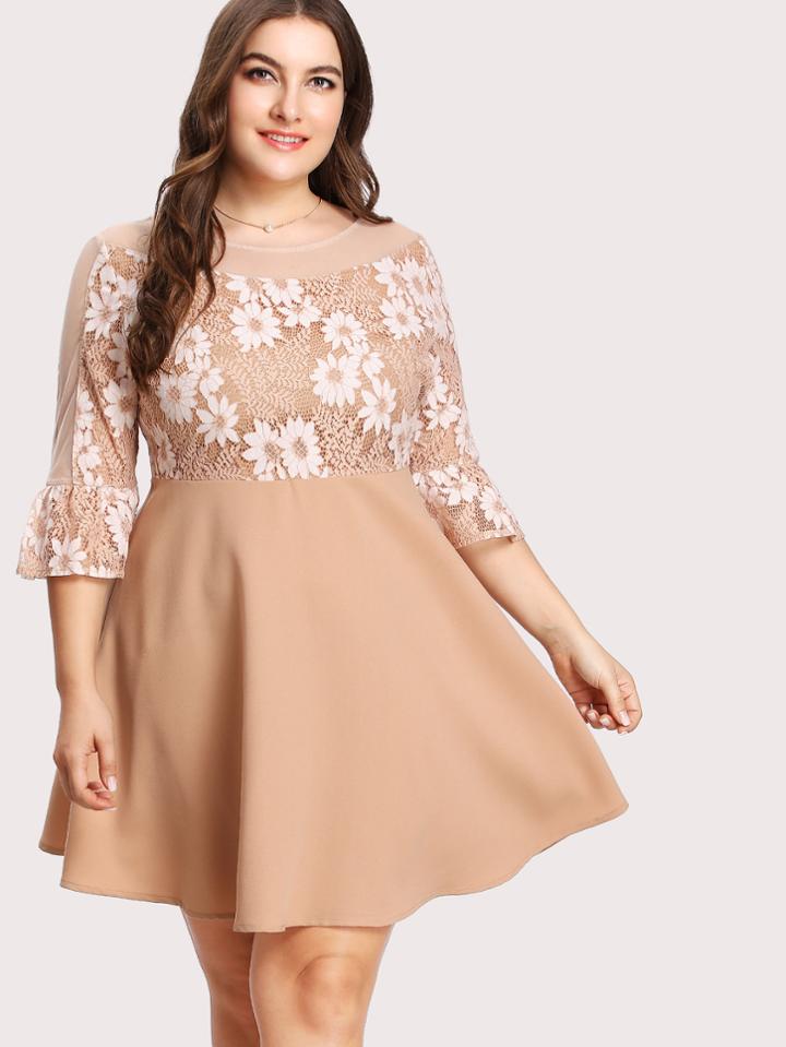 Shein Contrast Lace Flounce Sleeve Bardot Dress