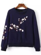 Shein Navy Crew Neck Plum Flower Embroidered Sweatshirt