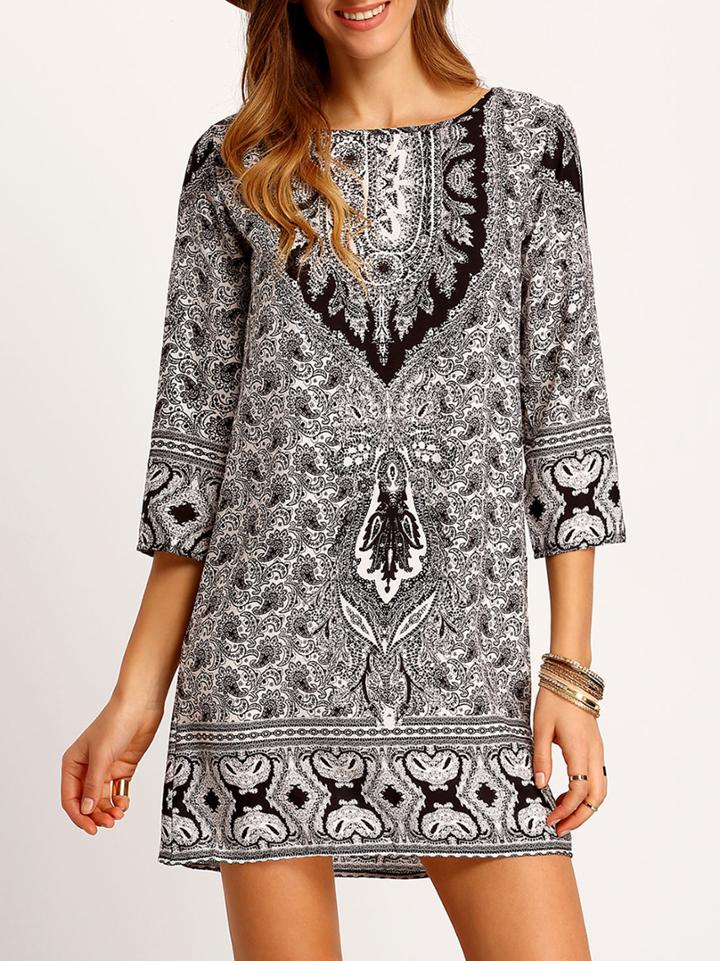 Shein Black White Tribal Print Loose Dress
