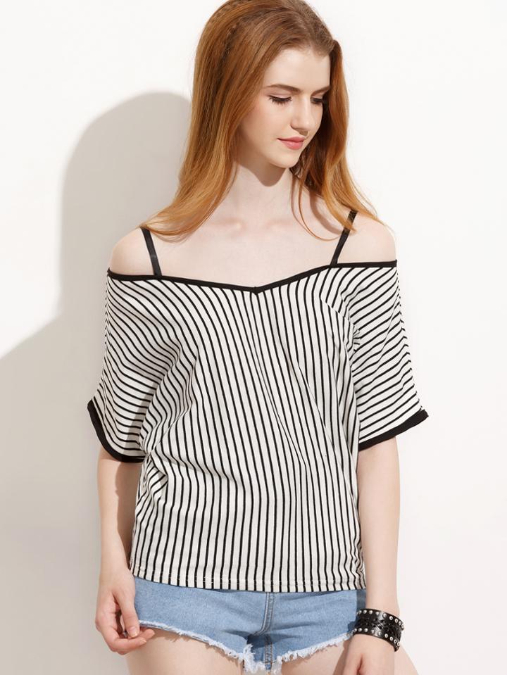 Shein White Vertical Stripe Contrast Trim Cold Shoulder Top
