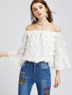 Shein White Off The Shoulder Bell Sleeve Flower Applique Top