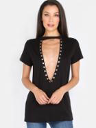 Shein Embellished Plunge Neck T-shirt Black