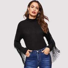 Shein Mock-neck Fringe Embellished Rib-knit Tee