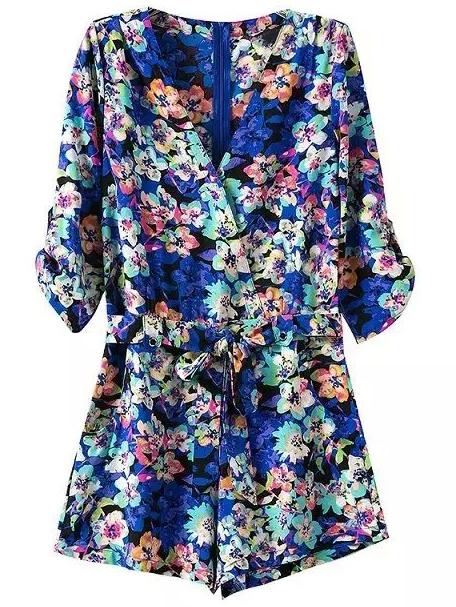 Shein Multicolor Tie-waist Bow Flower Print Romper