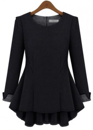 Rosewe Chic Long Sleeve Round Neck Solid Black T Shirt