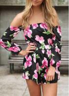 Rosewe Boat Neck Long Sleeve Black Printed Romper