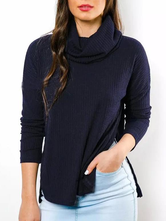 Shein Navy High Neck Dip Hem Knit Sweater