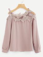 Shein Mesh Panel Crochet Appliques Asymmetric Cold Shoulder Blouse
