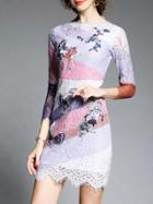 Shein Purple Color Block Applique Pouf Lace Dress