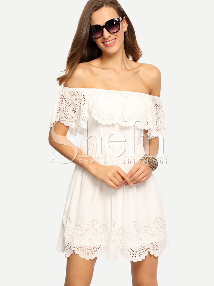Shein Beige Off The Shoulder Ruffle Hollow Dress