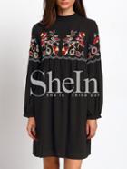 Shein Black Long Sleeve Embroidered Dress