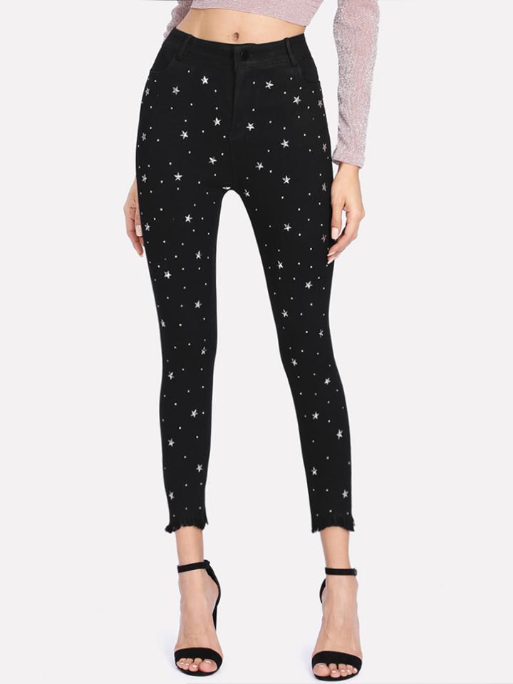 Shein Star Decoration Raw Hem Skinny Jeans