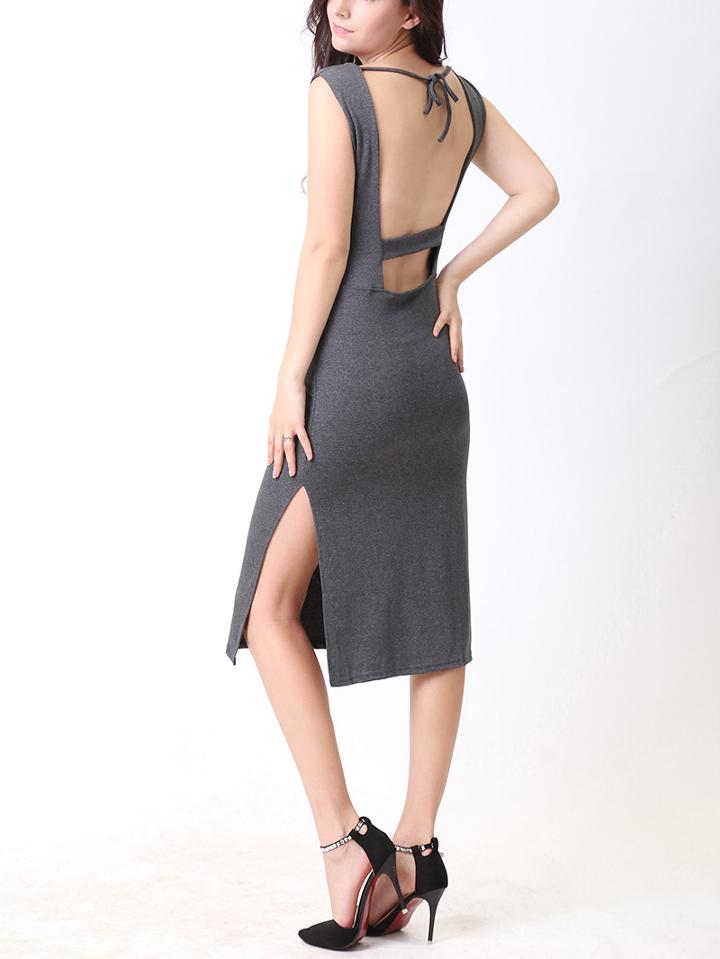 Shein V Neck Cutout Back Side Slit Grey Dress