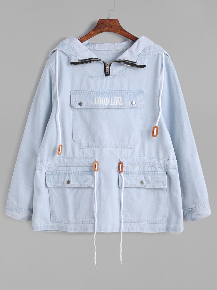 Shein Hooded Drawstring Waist Denim Sweatshirt