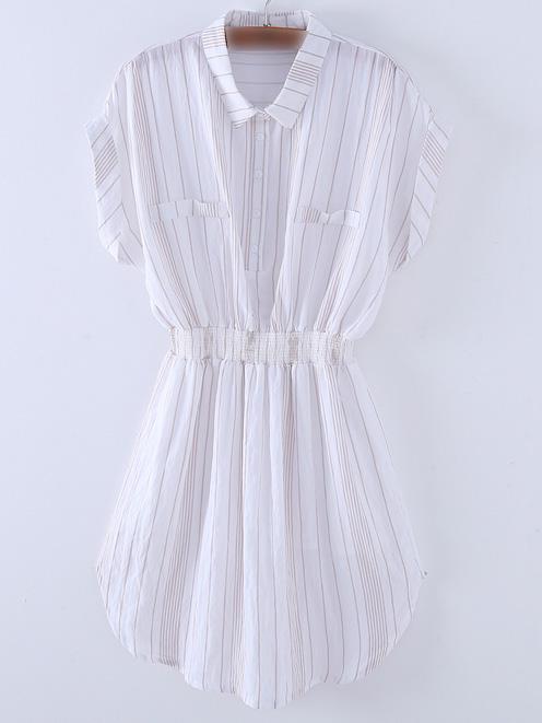 Shein White Roll-up Cuff Elastic Waist Stripe Dress