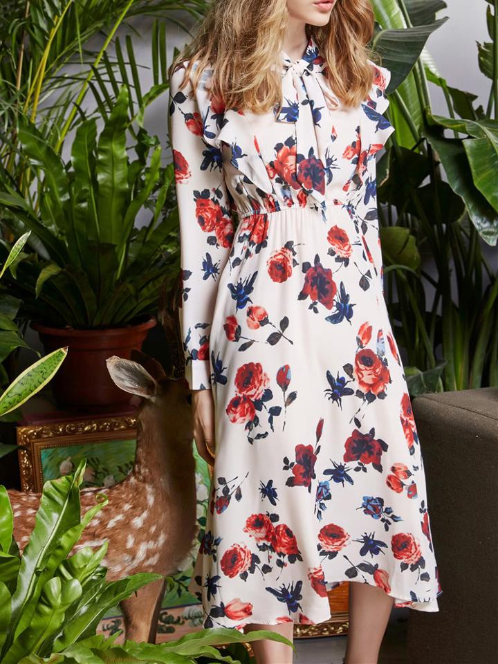 Shein Ruffle Sleeve Bowknot Flowers Print Dress