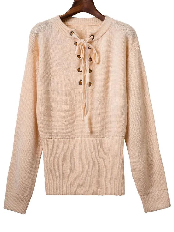 Shein Khaki Ribbed Cuff Wide Hem Lace Up Sweater