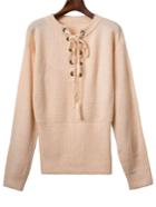 Shein Khaki Ribbed Cuff Wide Hem Lace Up Sweater