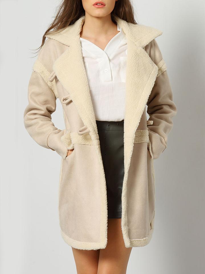 Shein Apricot Lapel Long Sleeve Pockets Coat