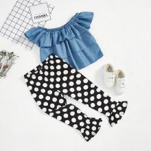 Shein Girls Layered Ruffle Top & Polka Dot Pants Set