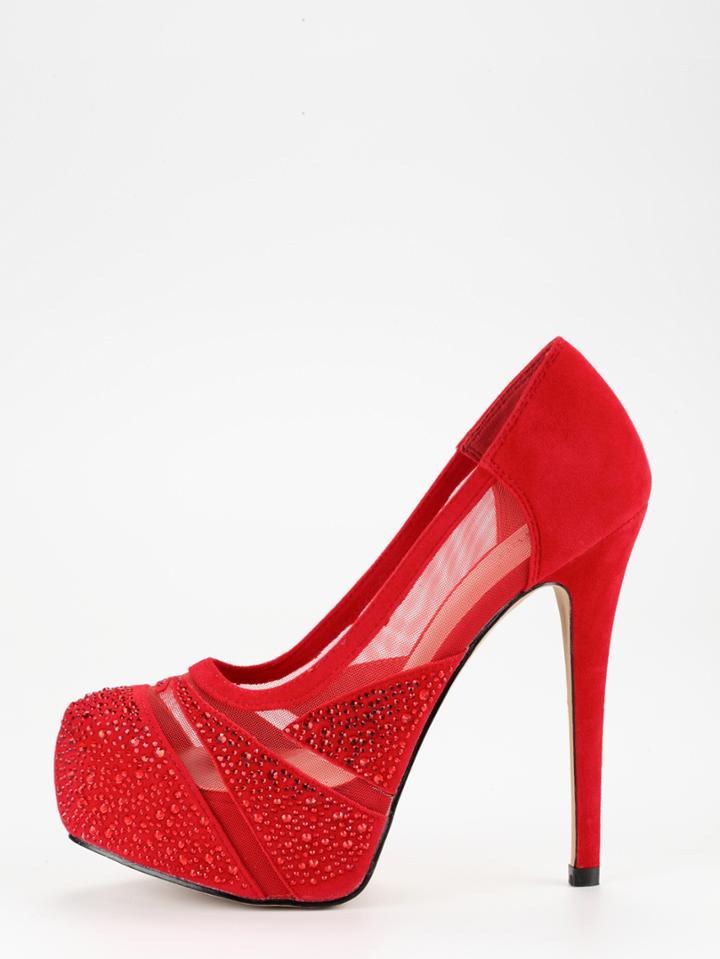 Shein Red Faux Suede Mesh Panel Platform Heels