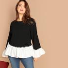 Shein Plus Contrast Cuff And Hem Pearl Detail Tee
