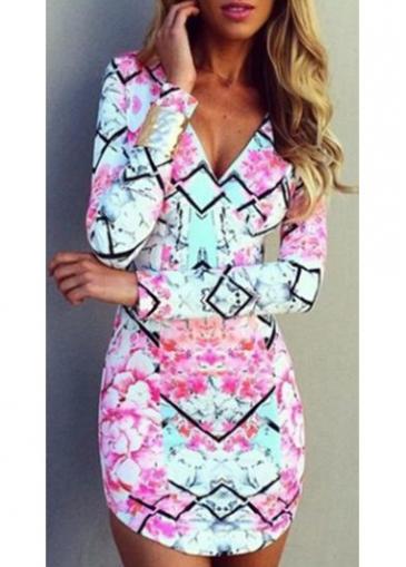 Rosewe V Neck Long Sleeve Printed Sheath Dress