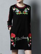 Shein Black Pockets Flowers Embroidered Shift Dress