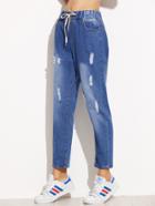 Shein Blue Ripped Drawstring Straight Jeans