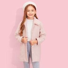 Shein Girls Button Up Faux Fur Collar Houndstooth Coat
