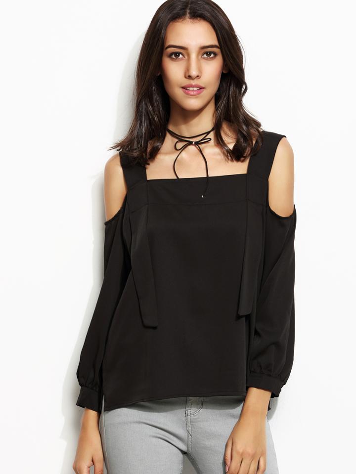 Shein Black Open Shoulder Slit Side Top