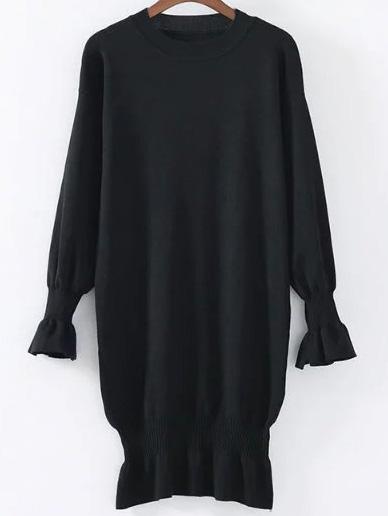 Shein Black Ruffle Detail Ribbed Trim Knit Dress