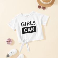 Shein Girls Cuffed Sleeve Knot Front Graphic Tee