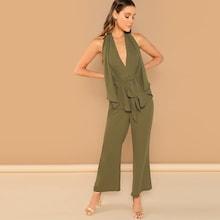 Shein Plunging Neck Drawstring Waist Palazzo Jumpsuit