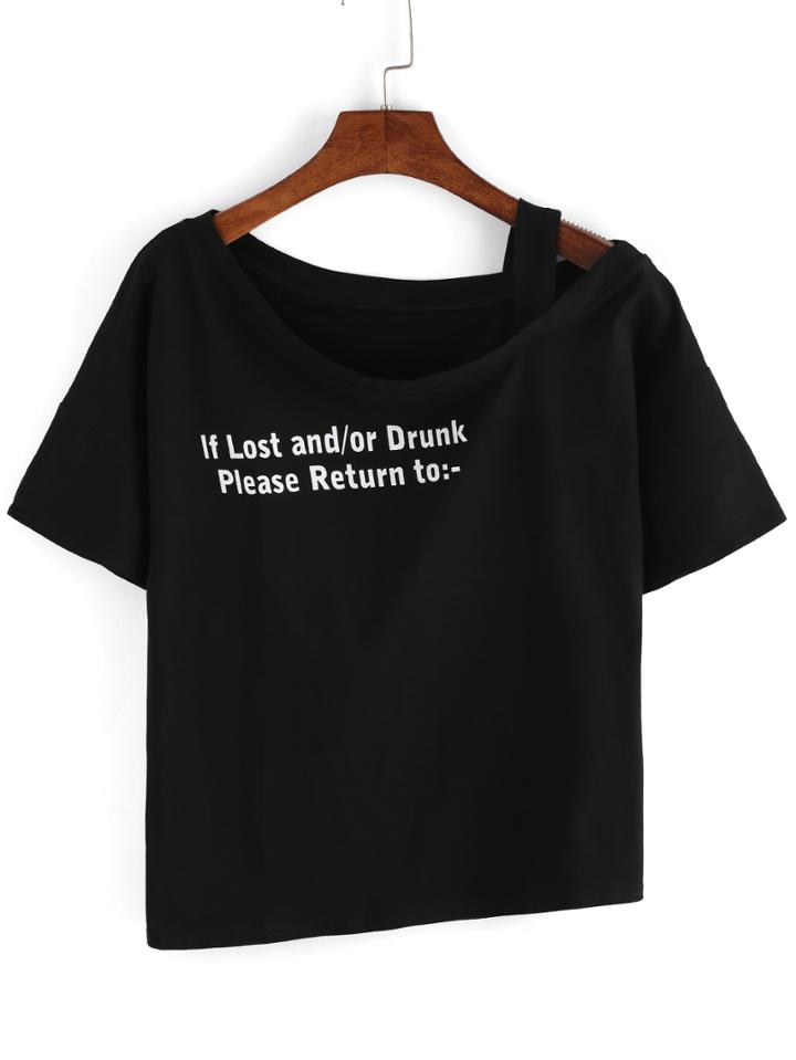 Shein Black One-shoulder Letter Print T-shirt