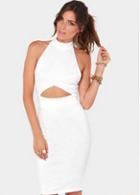 Rosewe Laconic Style Cutout White Straight Dress With Stand Collar