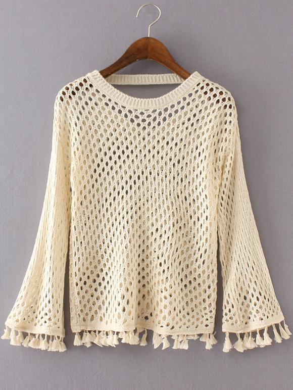 Shein Beige Round Neck Hollow Tassel Sweater