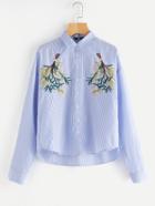 Shein Symmetric Flower Bunch Embroidered Pinstripe Shirt