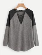 Shein Crisscross V Neck Raglan Sleeve Ribbed Top