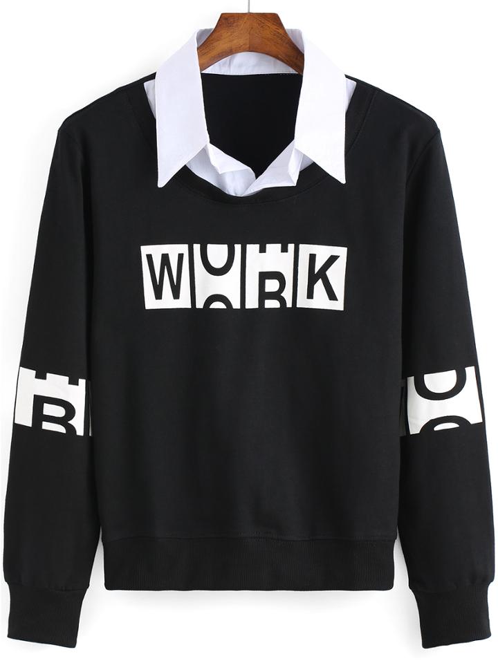 Shein Black Lapel Letters Print Crop Sweatshirt